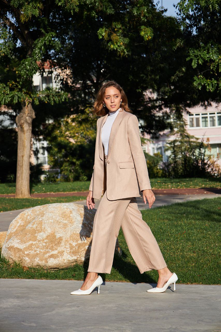 Women Single Breasted Blazer pant plaid Khaki suit